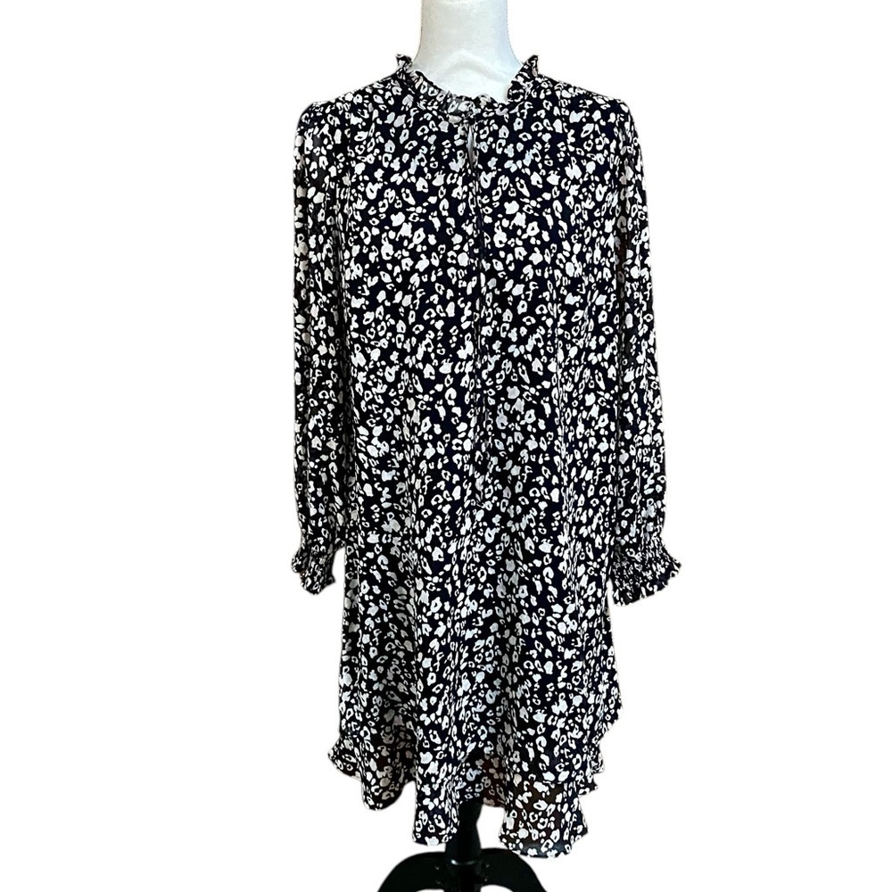 Ann Taylor Factory Leopard Print Tie Neck Shift Dress Ruffle Hem M